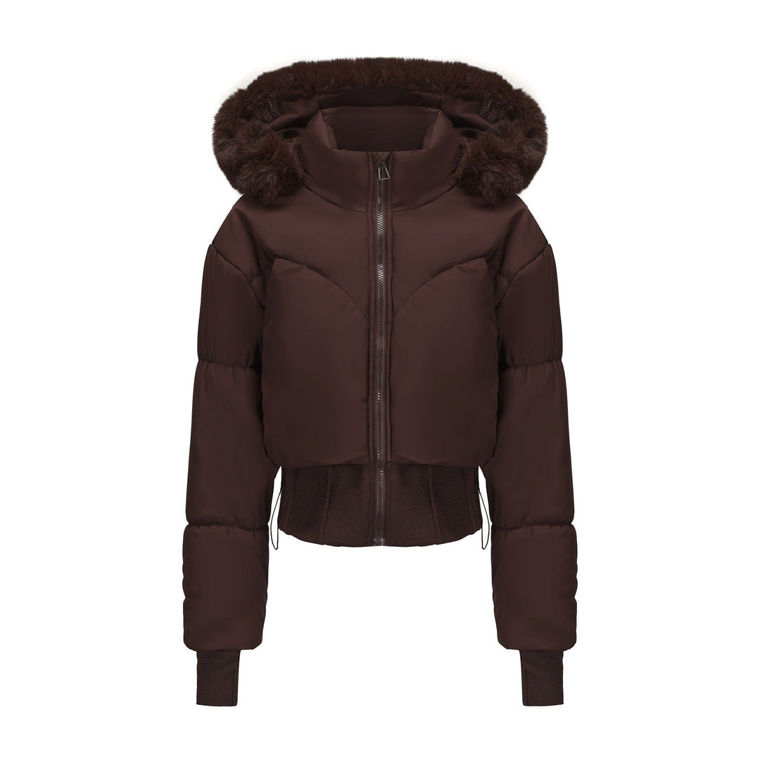 Trendy women's cropped jacket, designed for winter warmth with a cozy faux fur hood and chic style.