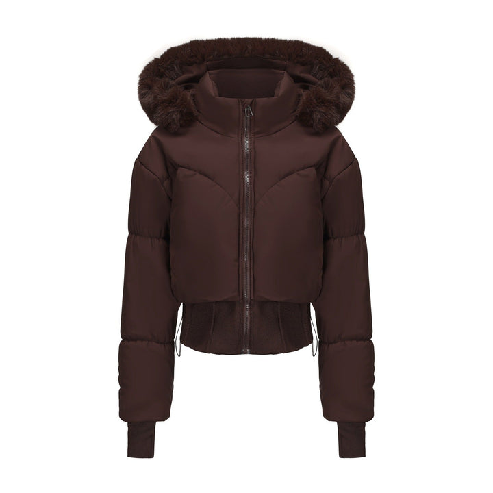 Trendy women's cropped jacket, designed for winter warmth with a cozy faux fur hood and chic style.