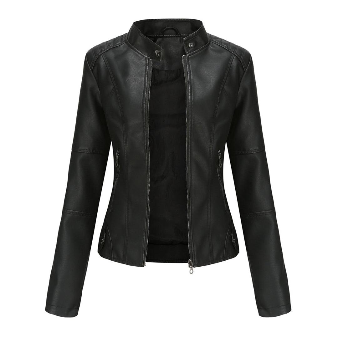 Chic women's faux leather jacket, perfect for spring and autumn, with a sleek, elegant design.