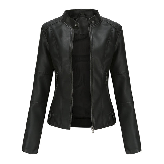 Chic women's faux leather jacket, perfect for spring and autumn, with a sleek, elegant design.