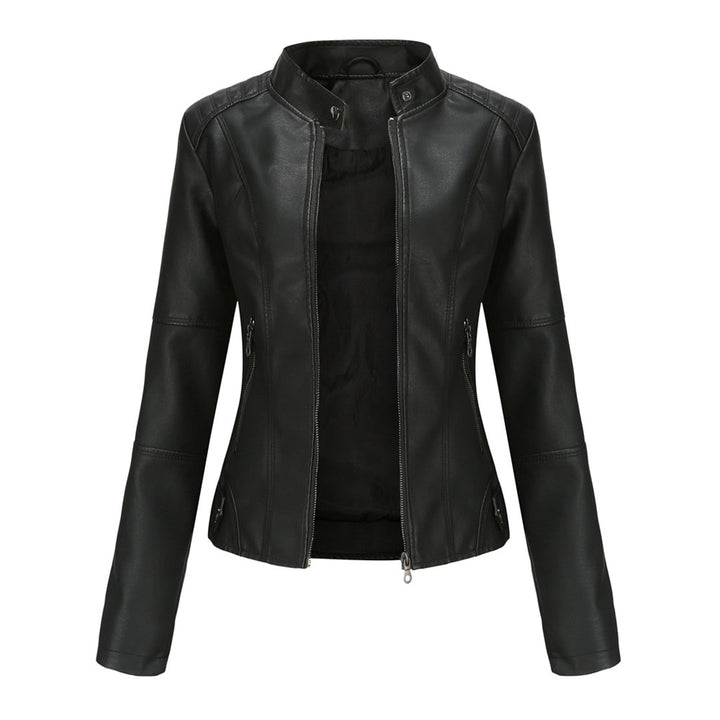 Chic women's faux leather jacket, perfect for spring and autumn, with a sleek, elegant design.