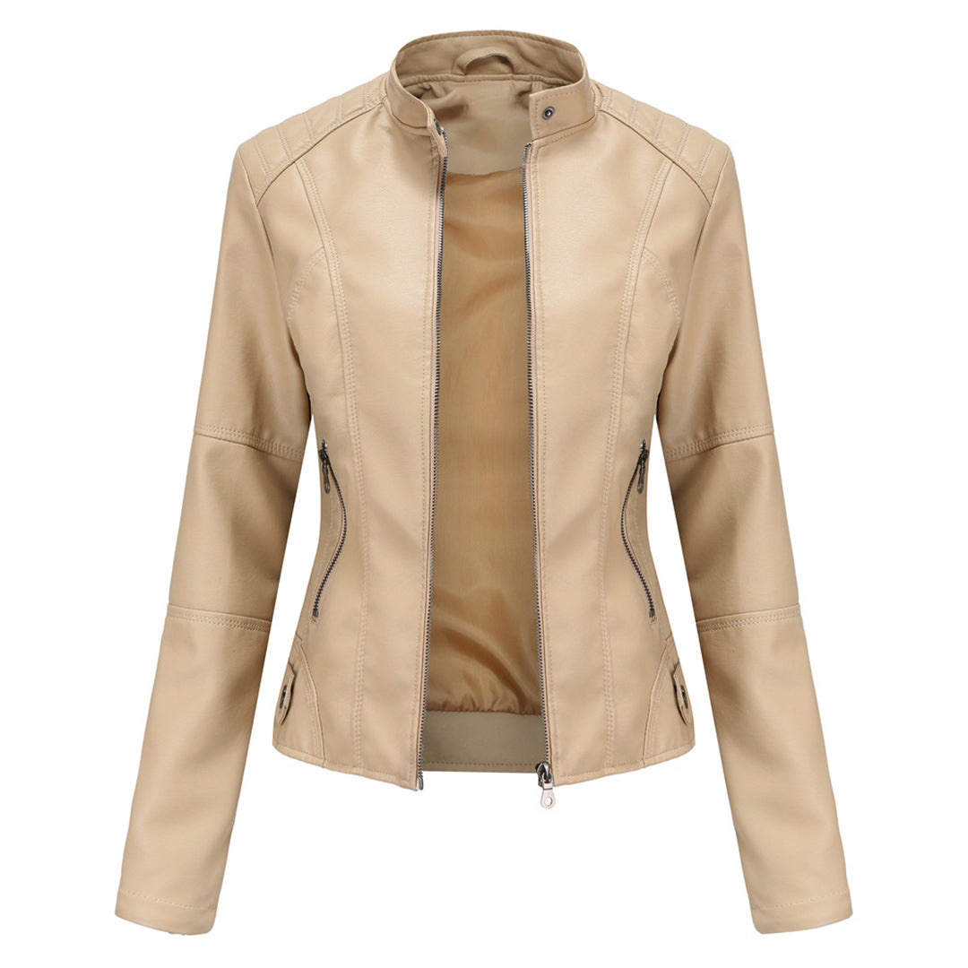 Elegant women's faux leather jacket, featuring chic detailing, suitable for casual or dressy looks.