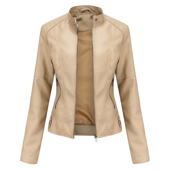 Elegant women's faux leather jacket, featuring chic detailing, suitable for casual or dressy looks.