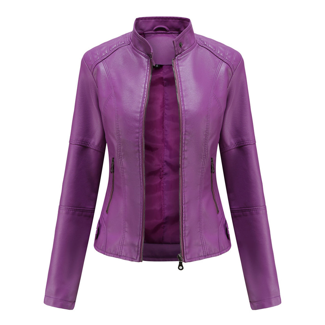 Versatile women's faux leather jacket, a blend of motorcycle style and elegant spring autumn fashion.