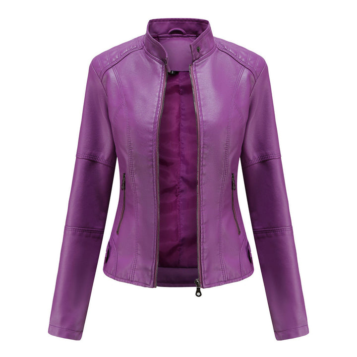 Versatile women's faux leather jacket, a blend of motorcycle style and elegant spring autumn fashion.