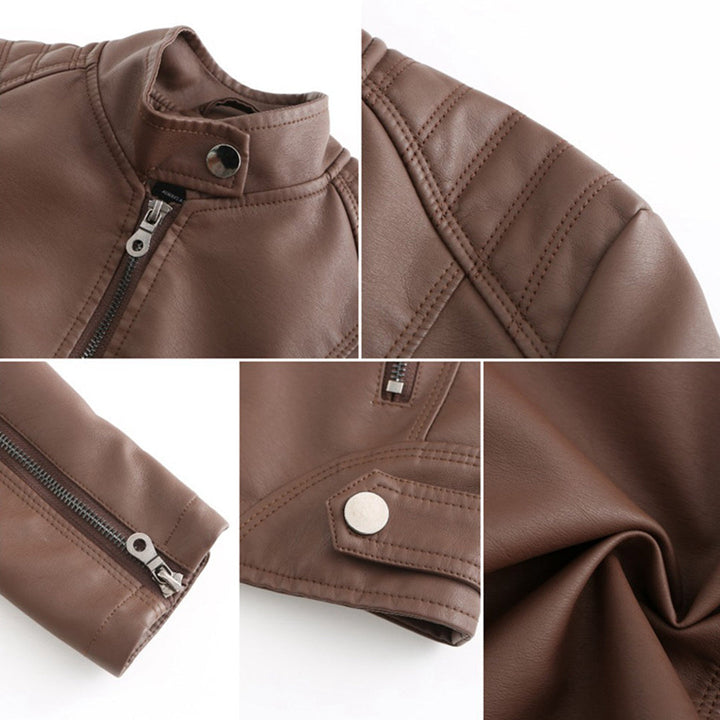 Women's casual outerwear faux leather jacket, designed for comfort and chic style in spring and autumn.