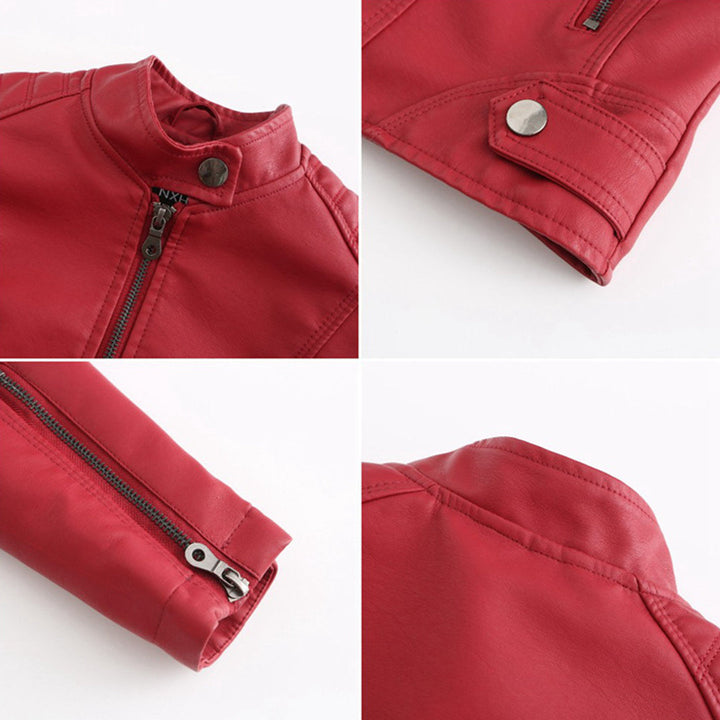Full shot of a women's faux leather jacket, an elegant and stylish spring coat or autumn staple.