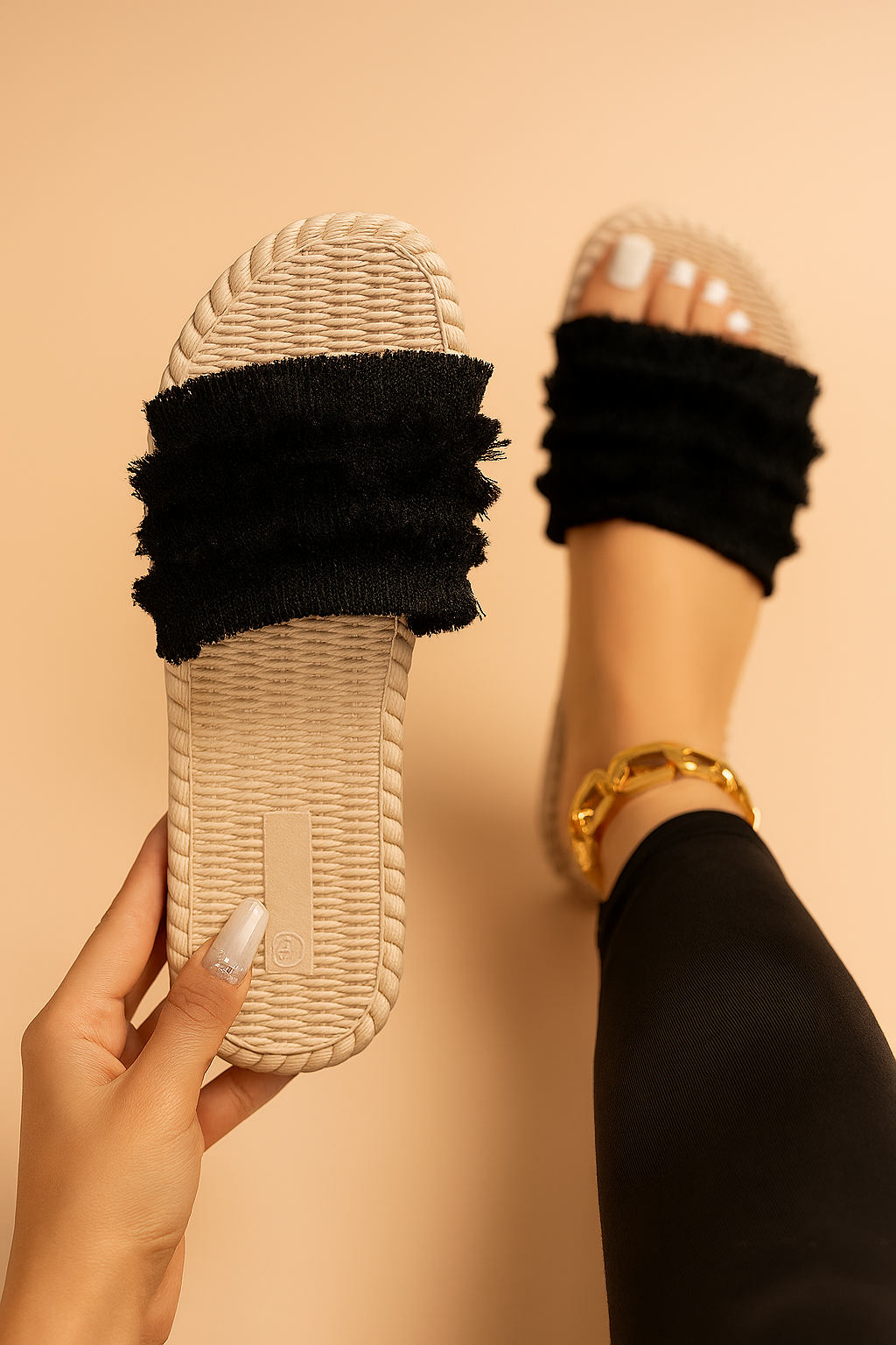 Comfortable women's fringe slide sandals. Fashionable summer footwear with a chic design, ideal for casual wear.