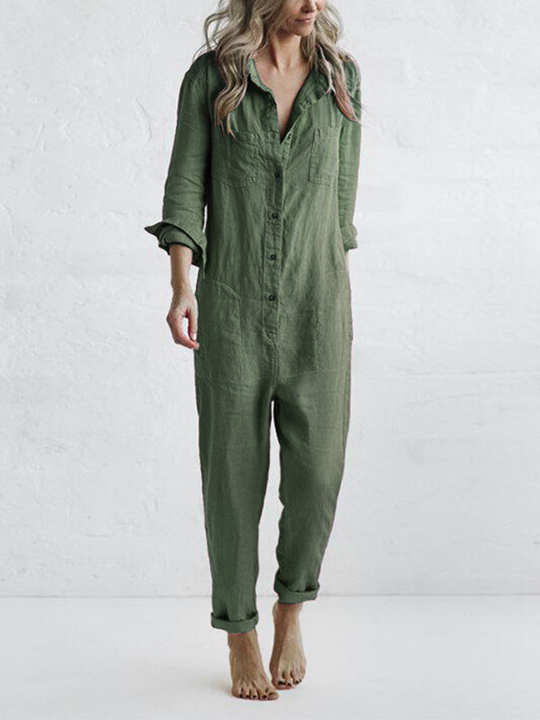 Chic women's long sleeve button-up jumpsuit. Comfortable & stylish for everyday wear.