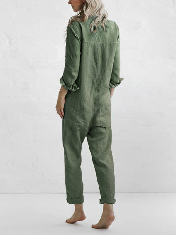 Green women's long sleeve button-up jumpsuit. Effortlessly chic casual wear, versatile fashion.