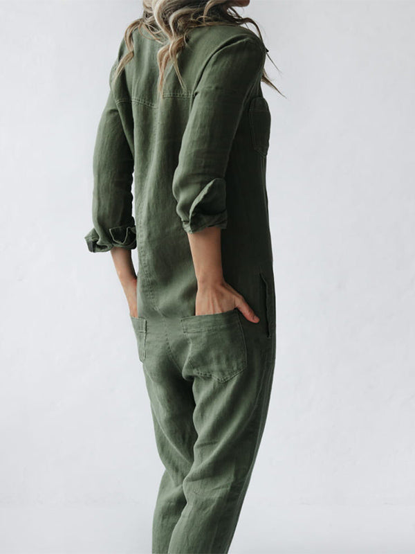 Pink women's long sleeve button-up jumpsuit. Trendy and comfortable, perfect for everyday style.
