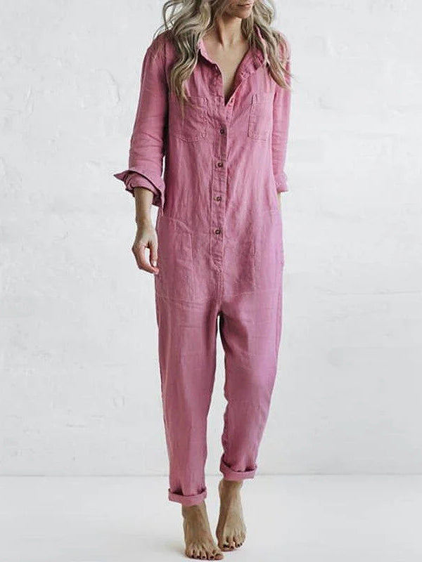Blue women's long sleeve button-up jumpsuit. A versatile outfit for chic casual or everyday fashion.