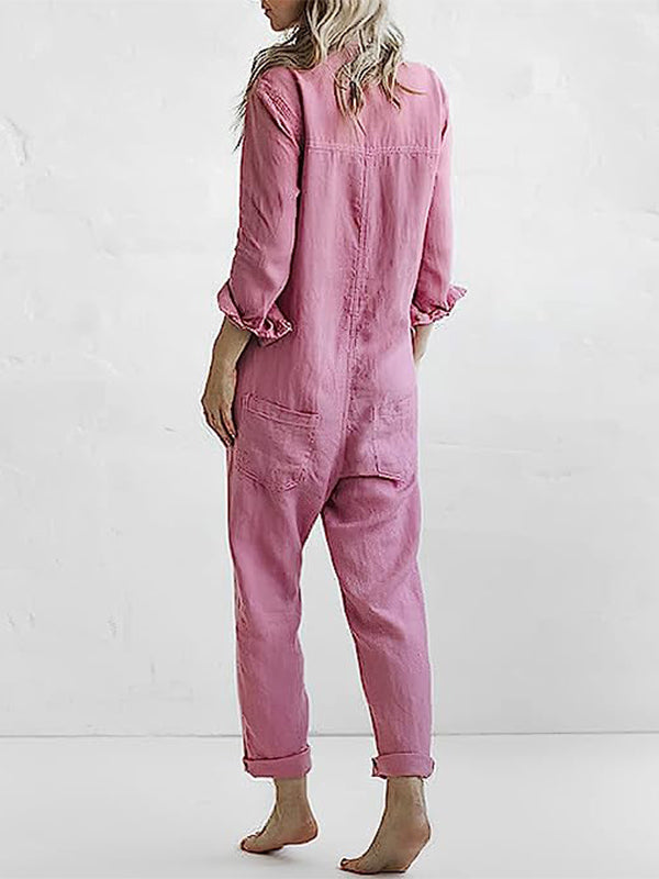 Woman wearing an effortlessly chic long sleeve button-up jumpsuit, perfect for stylish comfort.