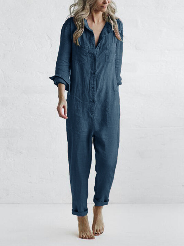 Casual & comfortable women's long sleeve button-up jumpsuit. Ideal for versatile everyday fashion.