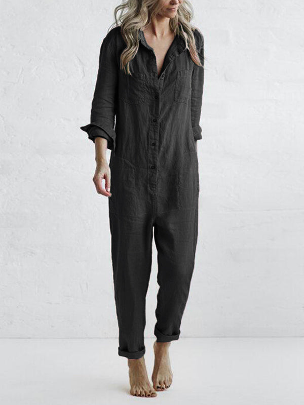 Stylish women's long sleeve button-up jumpsuit. A versatile, chic outfit for various occasions.