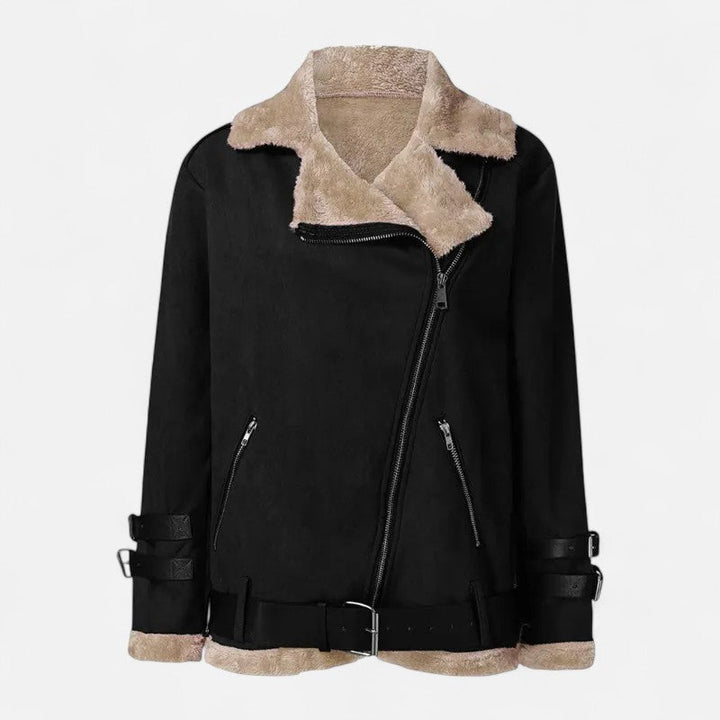 Chic women's moto coat, perfect for autumn & winter. Elegant outerwear with a structured biker jacket design.