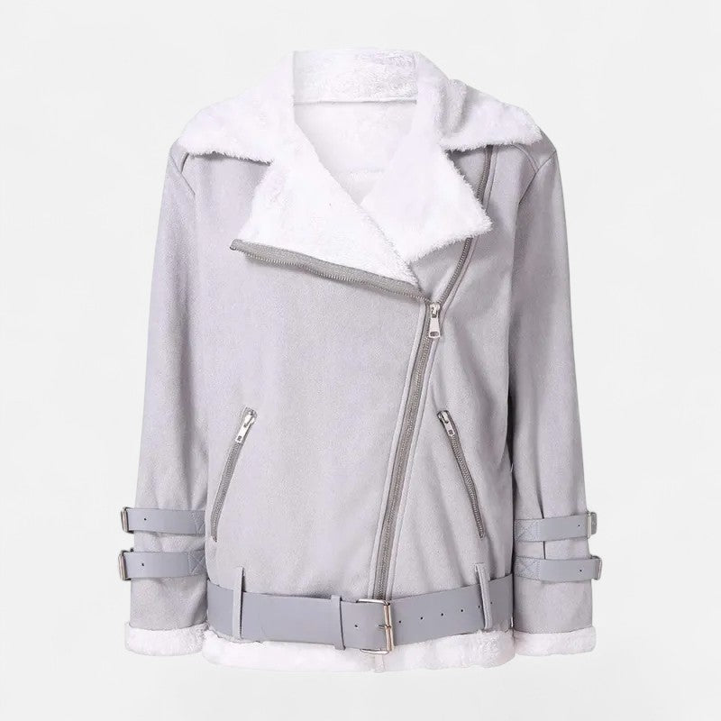 Women's chic moto coat, showcasing a flattering back silhouette for elegant autumn & winter outerwear.