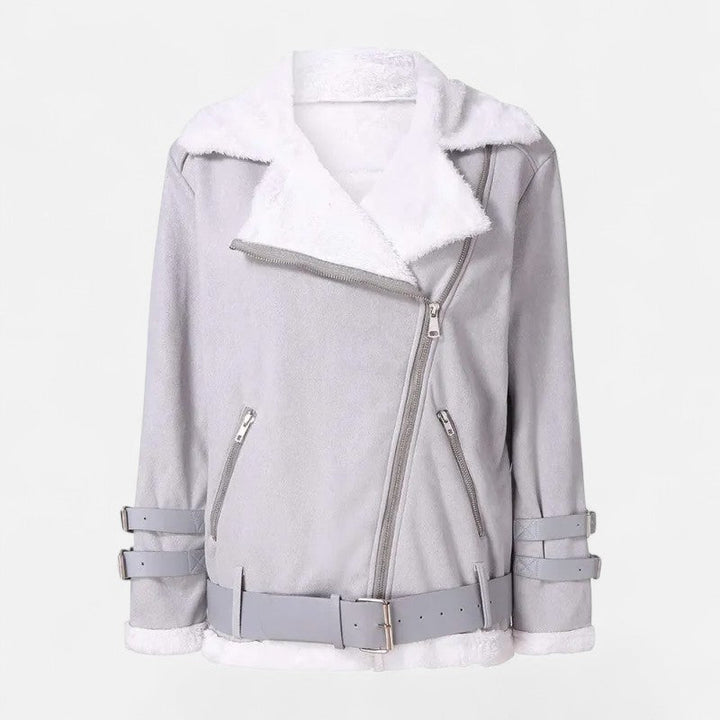 Women's chic moto coat, showcasing a flattering back silhouette for elegant autumn & winter outerwear.