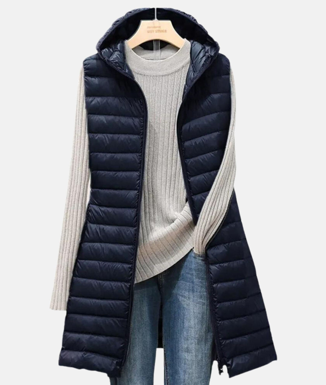 Chic women's quilted long jacket, lightweight & warm, perfect for fall/winter outerwear. Slim fit, full zip.
