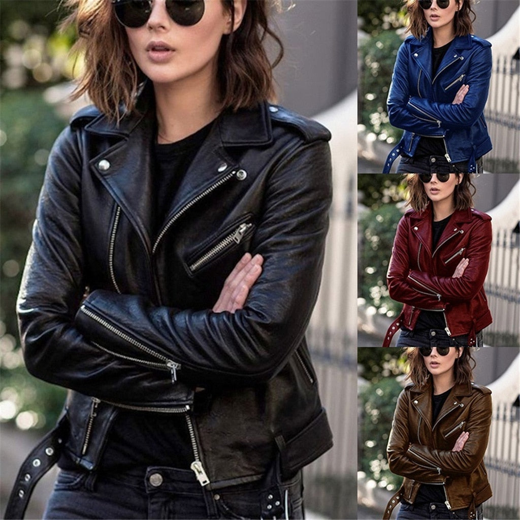 Chic women's red faux leather jacket with zippered pockets, perfect for a casual fashion statement.