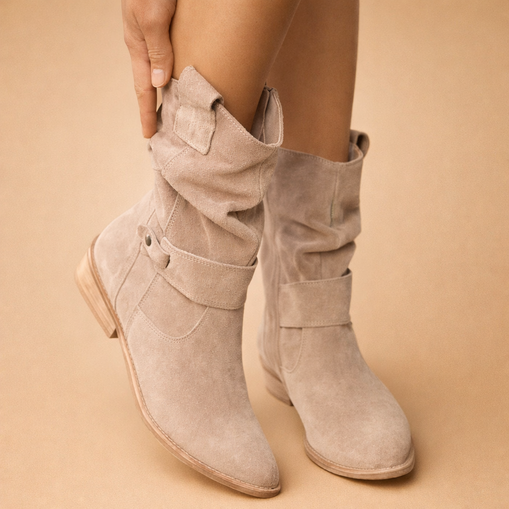 Chic women's slouch buckle ankle boots, perfect for elegant winter fashion. Versatile and stylish footwear.