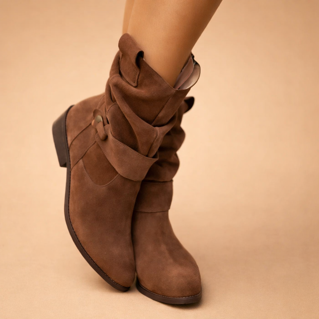 Stylish women's slouch buckle ankle boots, ideal versatile fashion footwear. Perfect for any winter outfit.