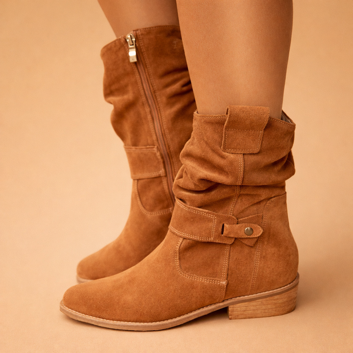 Women's fashionable slouch buckle ankle boots for winter. Elegant and versatile footwear for a chic look.
