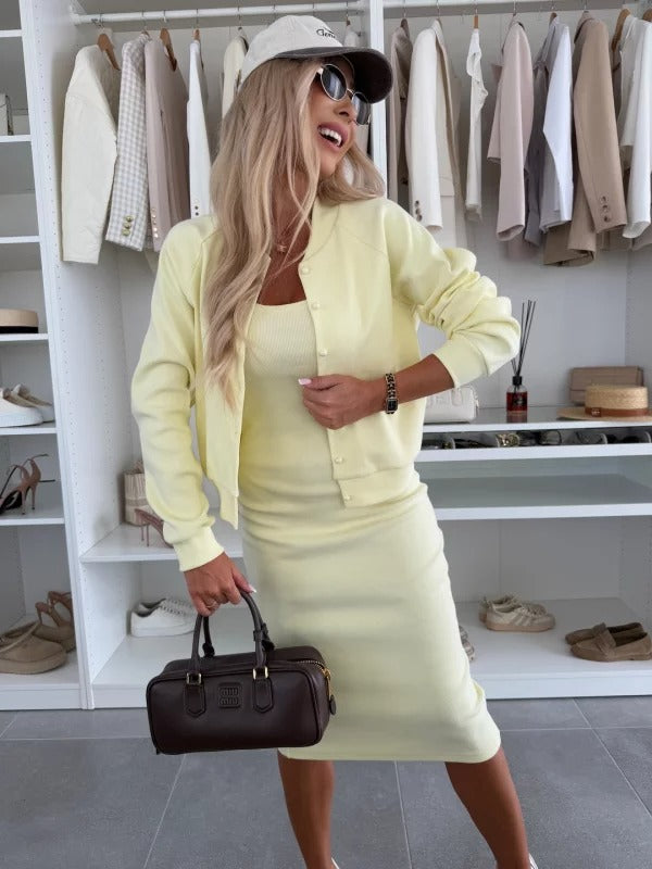Elegant women's two-piece skirt and top set, a versatile and comfortable outfit for any woman.
