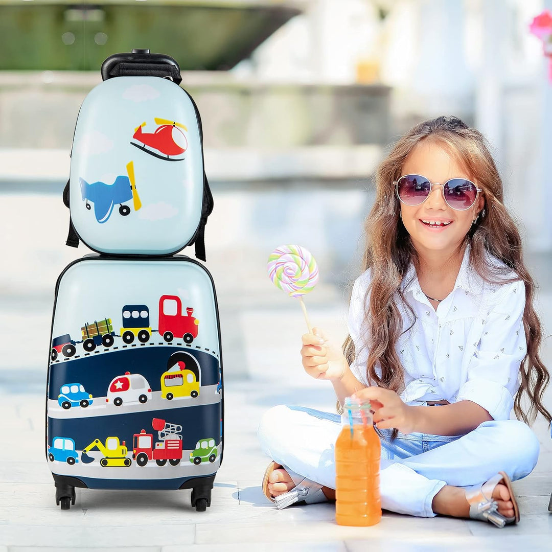 Kids' durable hard-shell helicopter wheeled suitcase with 360° spinner wheels for easy travel.