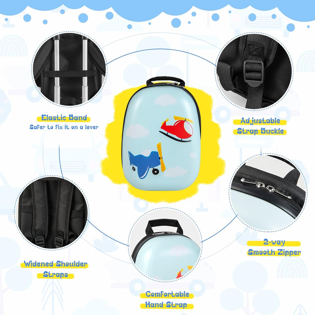 Kids' helicopter hard-shell wheeled luggage & matching backpack, a durable 2-piece travel set.