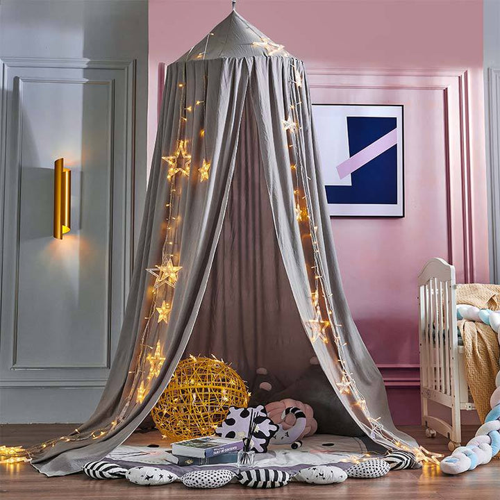 Stylish black blackout canopy, perfect kids room decor for restful sleep & quiet play.