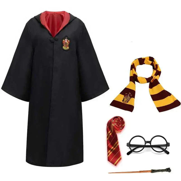 Complete Harry Potter cosplay outfit: wizard robe, glasses, wand, scarf for kids' Halloween.