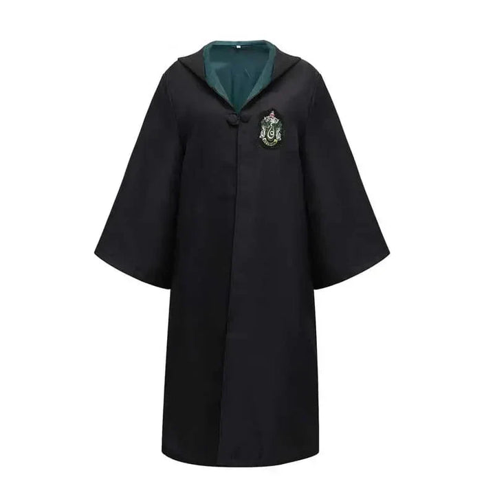 Deluxe children's wizard costume: flowing robe, wand, glasses, house uniform scarf.