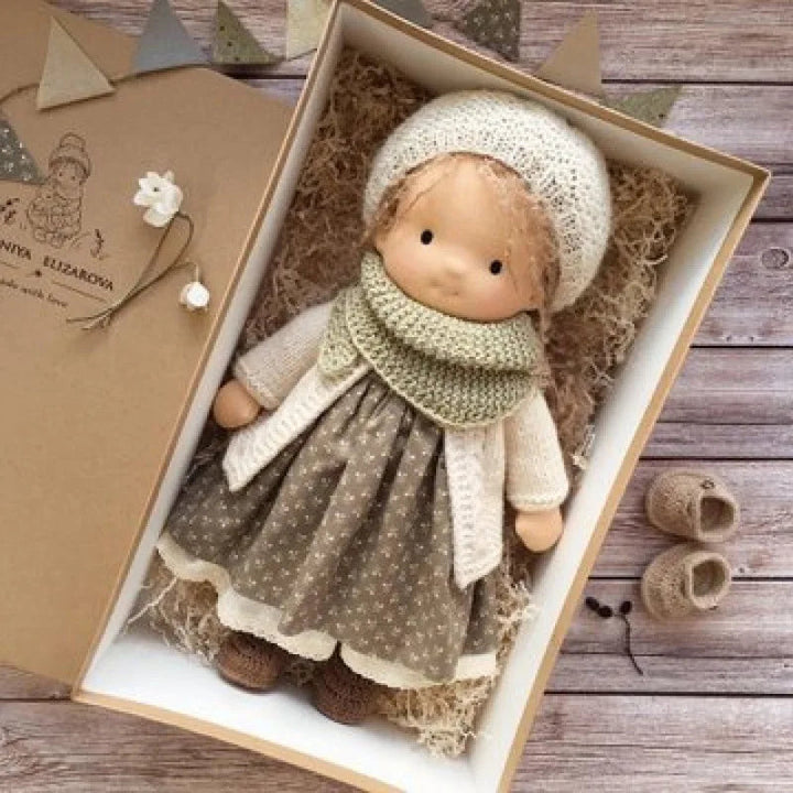 Waldorf doll & fabric box, handmade cotton toy, ideal gift for children.