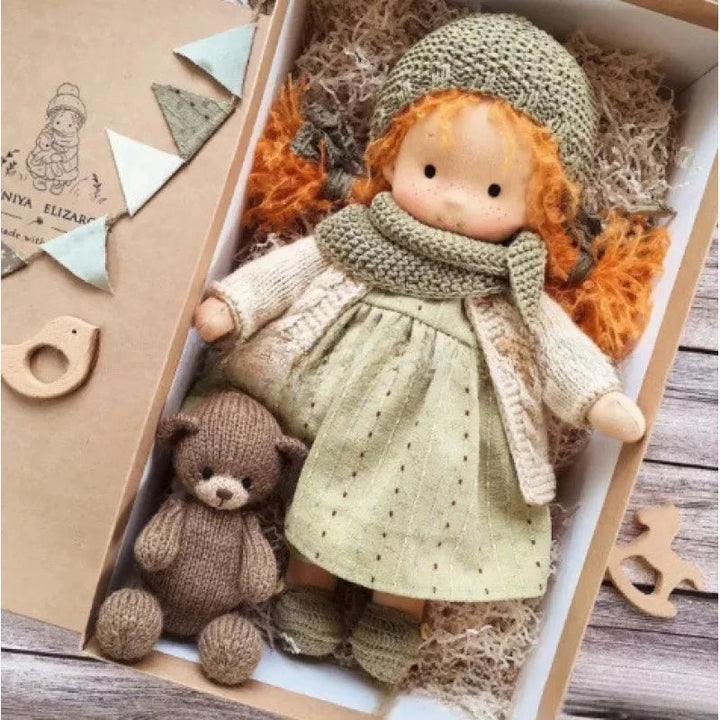 Plush Waldorf doll, handmade, for gentle imaginative play and room decor.