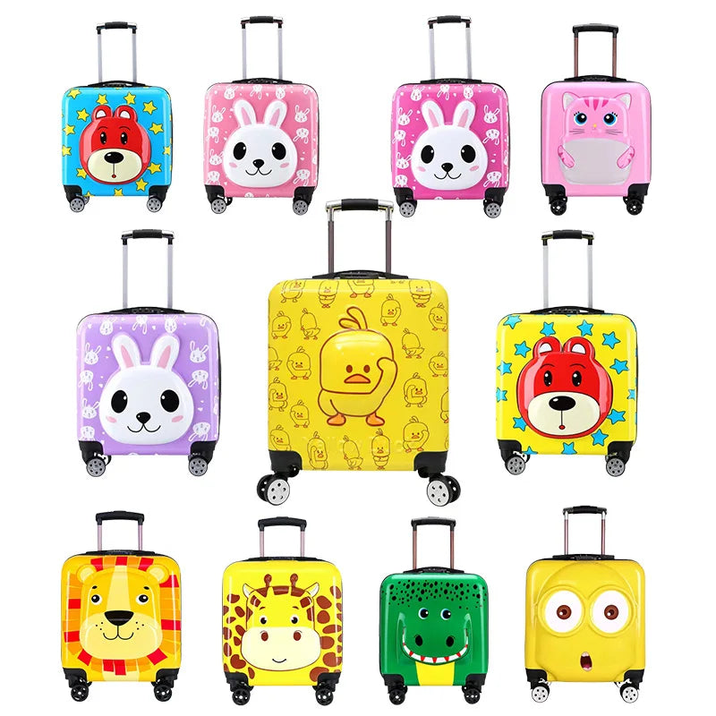 Children's hard-shell rolling luggage with fun animal designs for travel adventures.