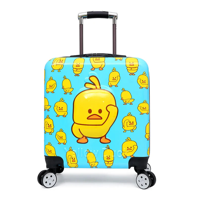 Girls hard-shell rolling luggage featuring a fun duck design, ideal for weekend trips.