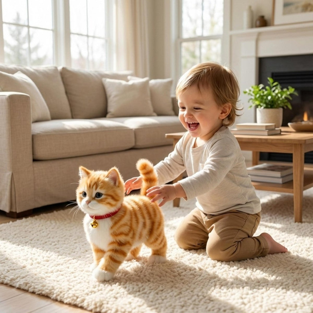 Toddler hugging a cuddly interactive plush cat, realistic pet toy for nurturing play and comfort.