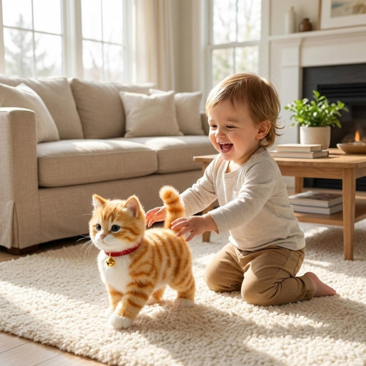 Toddler hugging a cuddly interactive plush cat, realistic pet toy for nurturing play and comfort.