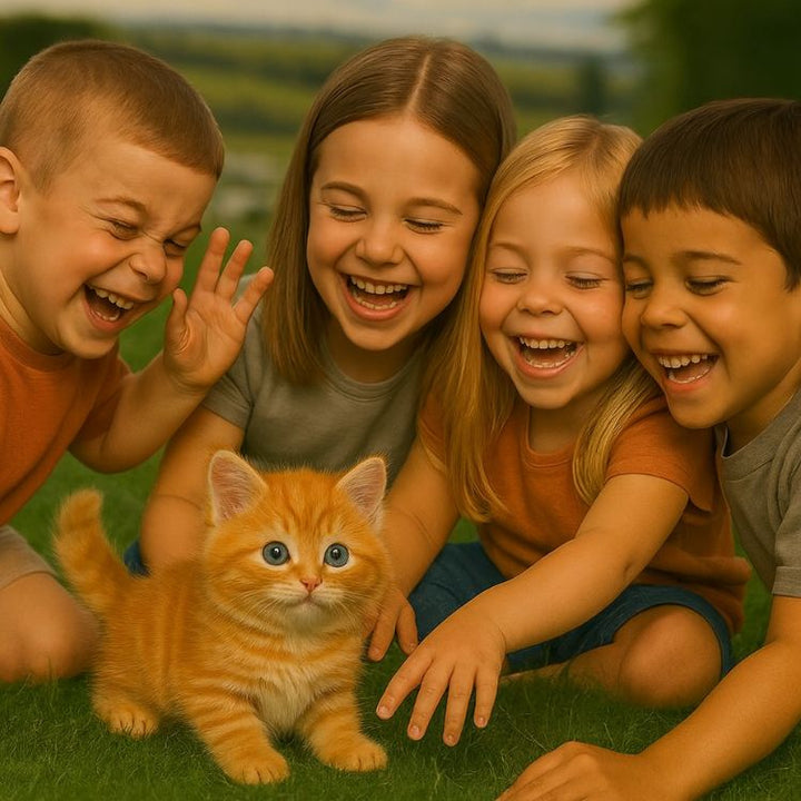 Child observing a realistic interactive plush cat toy, offering comfort and promoting imaginative solo play.