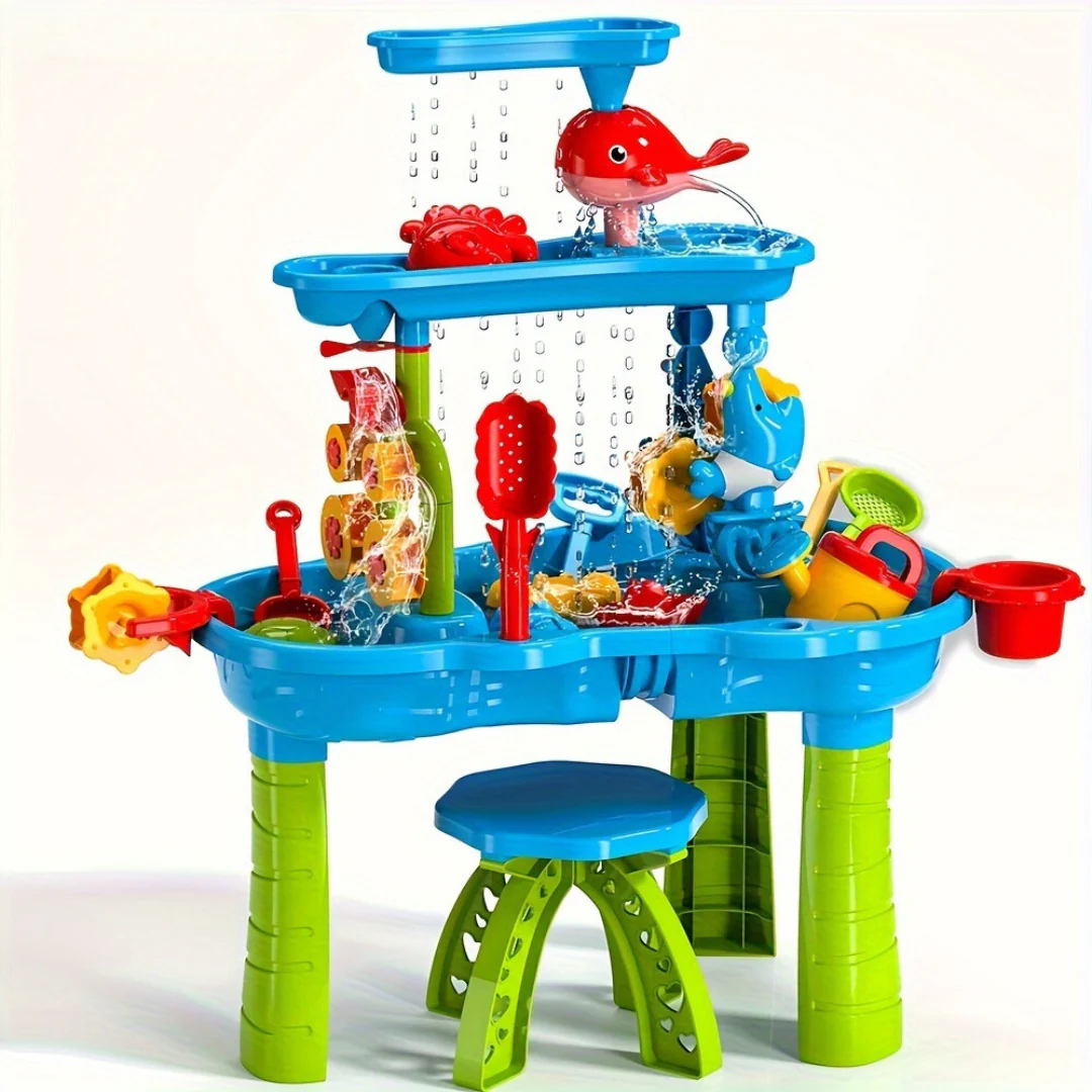 Toddlers playing with a vibrant Splash Fun water table, perfect for engaging outdoor sensory and summer activities.
