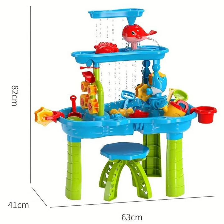 Kids enjoying a colorful Splash Fun water table, ideal for active outdoor summer fun and toddler backyard activities.