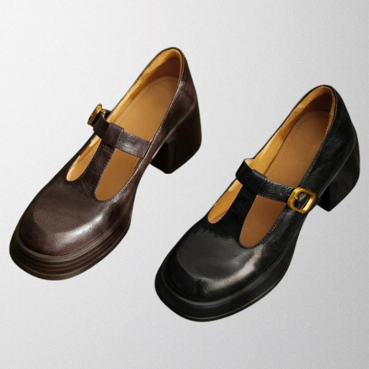 Close-up of a women's classic black Mary Jane shoe with block heel and strap detail