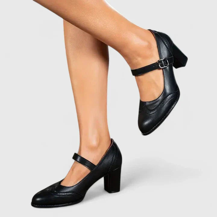 Sophisticated Mary Jane heel pumps for women, black with a buckle closure, classic and comfortable.