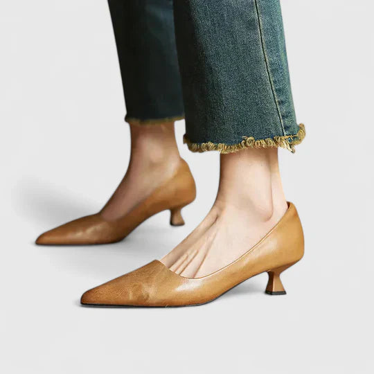 Women's classic pointed toe pumps with a low heel, offering comfort and style