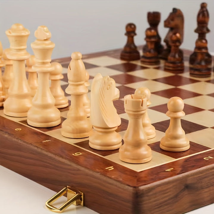 Detailed handcrafted wooden chess pieces on a classic strategy game board, solid wood.
