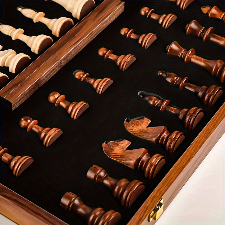 Traditional wooden chess set for strategy games, high-quality handcrafted solid wood.