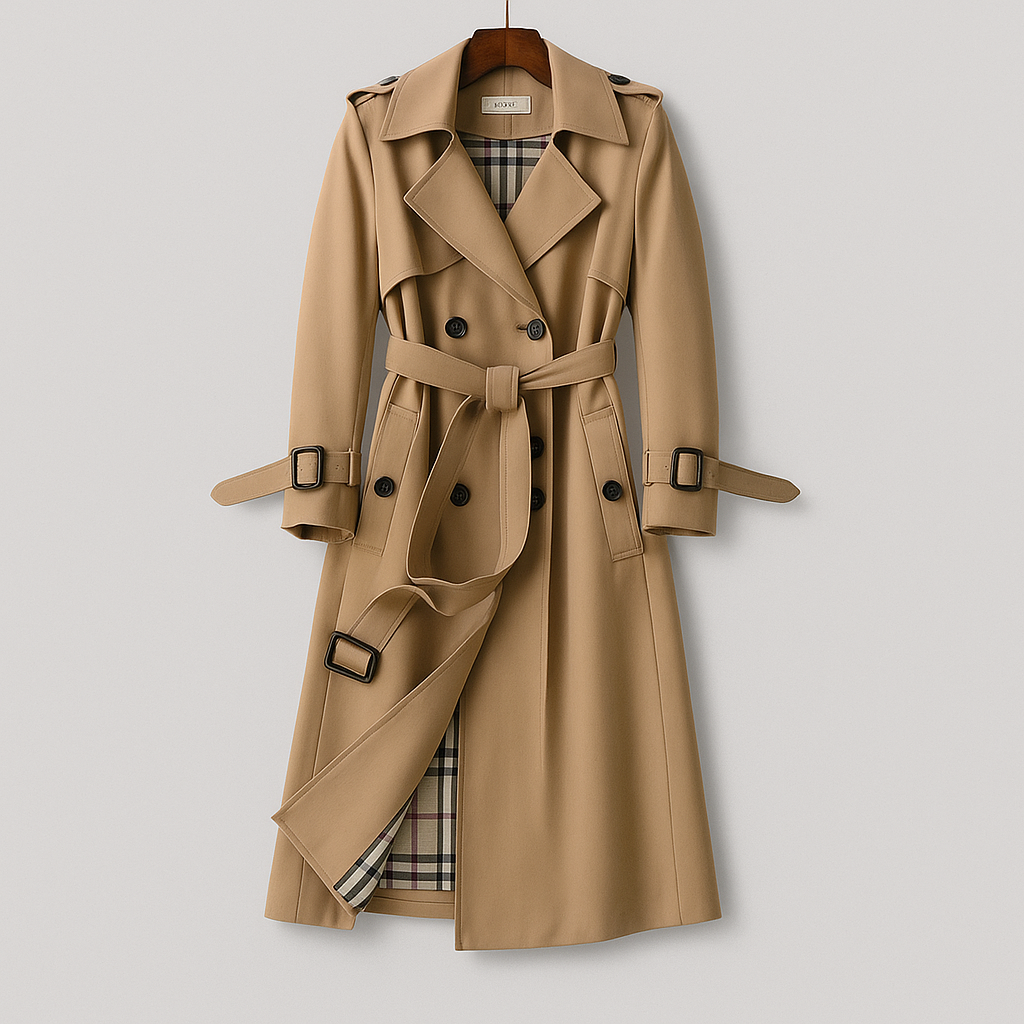 Classic khaki belted trench coat for women, perfect for autumn outerwear.