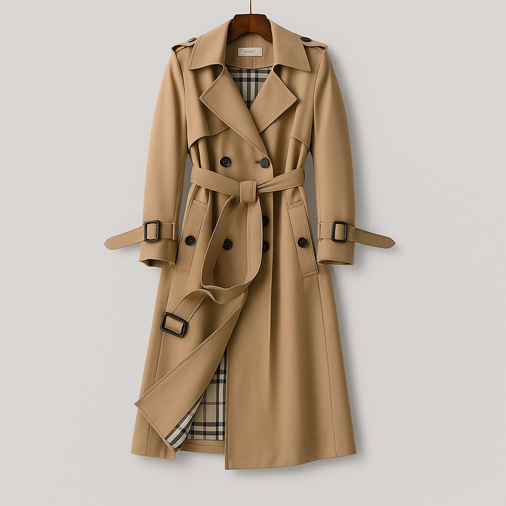 Classic khaki belted trench coat for women, perfect for autumn outerwear.