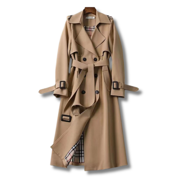 Women's black belted trench coat, a stylish and classic winter jacket.